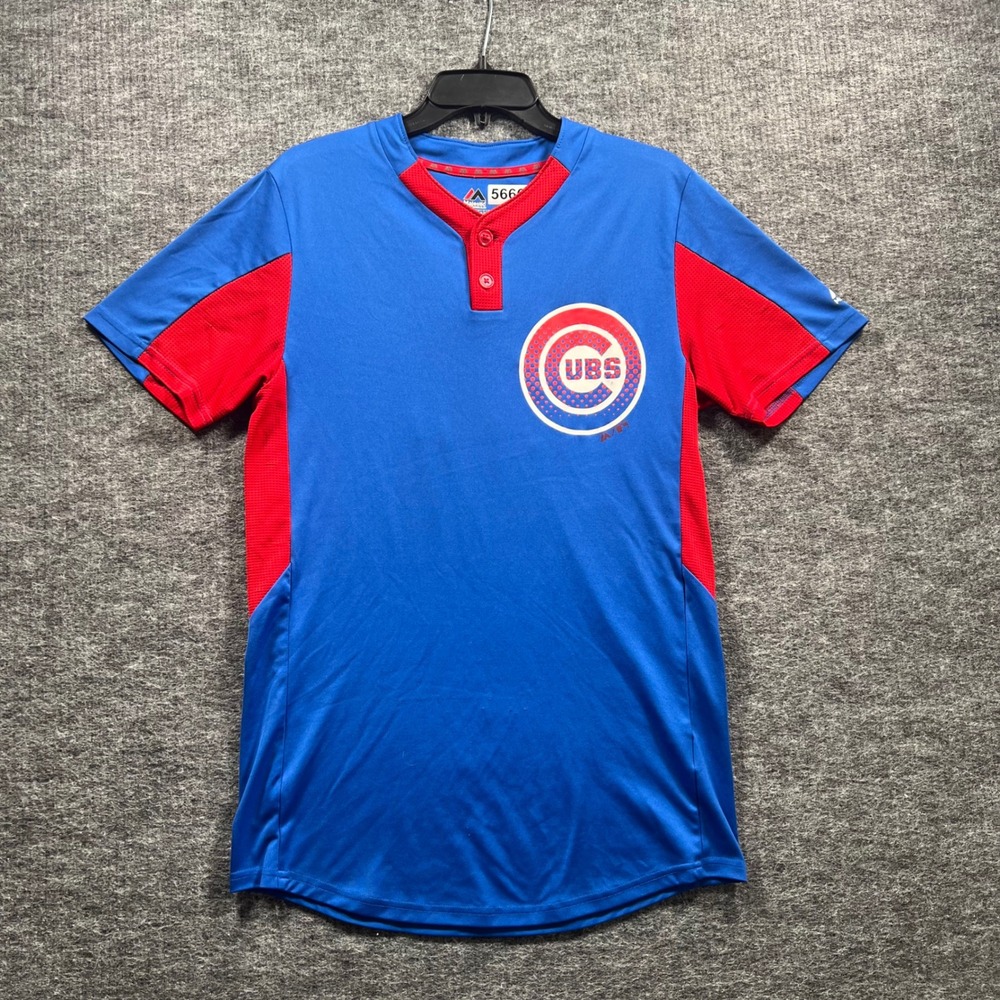 Majestic Chicago Cubs Cool Base Henley Jersey Shirt Blue Red Mens Small 12